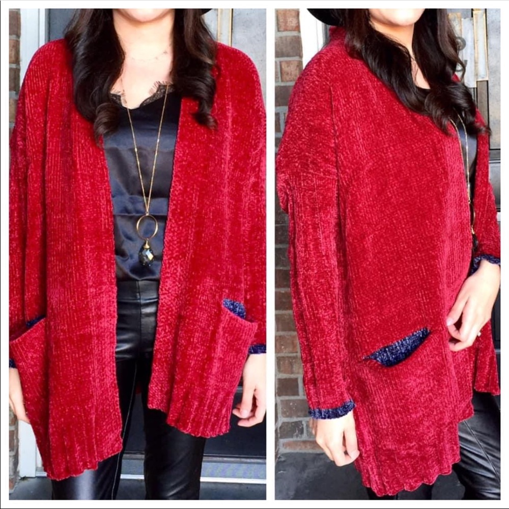 Hummingbird red chenille open cardigan sweater S/M
